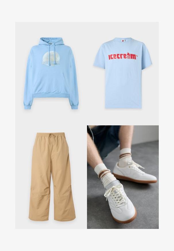Helles blaues Kapuzensweatshirt aus weichem Material, mit einer runden Grafik des Mondes und dem prominent dargestellten Wort "MUTTER".; Hellblaues T-Shirt mit kurzen Ärmeln, rotem stilisiertem Schriftzug „icecream“ und einer kleinen Grafik einer Person auf einem Einrad anstelle des Buchstabens „a“.; Beige weite Hosen aus leichtem Stoff, mit einem elastischen Bund und einer Kordel sowie genähten Akzenten in der Nähe des Saums.; Weiße Ledersneaker mit glatter Textur, grauen Wildlederelementen, beigen Gummisohlen und flachen Schnürsenkeln. Kombiniert mit cremefarbenen und braun gestreiften Socken.