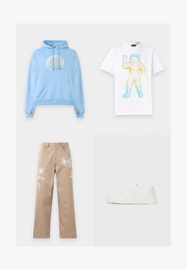 Lyseblå hættebluse lavet af blødt materiale, med et cirkulært grafisk design af månen og ordet "MOR" vist fremtrædende.; Hvid t-shirt med et farverigt, stribet motiv af en vinkende astronaut i rumdragt centralt på forsiden.; Beige bomuldsbukser med lige ben, der har hvid blomsterbroderi foran og almindelige lommer.; Hvid lavskoet lædersneaker med snørelukning, tekstureret hælkappe og let rillede hvide gummisål på en ensfarvet lys baggrund.