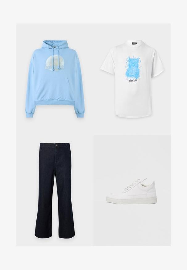 Lyseblå hættebluse lavet af blødt materiale, med et cirkulært grafisk design af månen og ordet "MOR" vist fremtrædende.; Hvid t-shirt med korte ærmer med en blå skitse-stil bamse og sort tekst "Closure Lan" på forsiden.; Mørkeblå denim flared bukser med en knaplukning i taljen, fem lommer og et klassisk snit. Stoffet har en glat overflade.; Hvid lædersneaker med rundet tå, flad sål og snørebånd foran. Har syningsdetaljer og polstret krave for komfort.