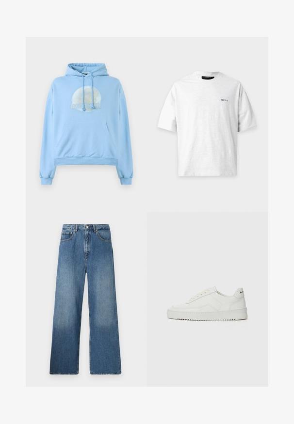 Sudadera con capucha de color azul claro, hecha de material suave, que presenta un gráfico circular de la luna y la palabra "MOTHER" de forma destacada.; Camiseta blanca de manga corta con cuello redondo, con pequeño logo de texto negro en el pecho izquierdo y corte relajado sobre fondo liso.; Jeans de denim azul de pernera ancha con un diseño clásico de cinco bolsillos, cierre frontal con botón y un ligero desgastado para dar textura.; Zapatilla de cuero blanca con un acabado suave, puntera redonda, cordones planos y suela texturizada. Cuenta con un sutil logo en el talón.