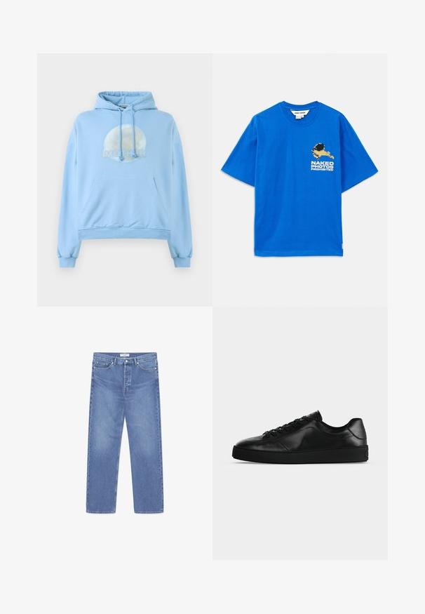 Lyseblå hættebluse lavet af blødt materiale, med et cirkulært grafisk design af månen og ordet "MOR" vist fremtrædende.; Blå bomulds T-shirt med korte ærmer, rund halsudskæring og et pixeleret grafik med teksten "NAKED PHOTOS PROHIBITED" på fronten.; WOOD WOOD WW TYPE 2 DENIM STRAIGHT LEG - Jeans Straight Leg - ocean; Svært lavprofileret sort lædersneaker med snørebånd foran og tekstureret flad sål, vist fra siden på en neutral baggrund.