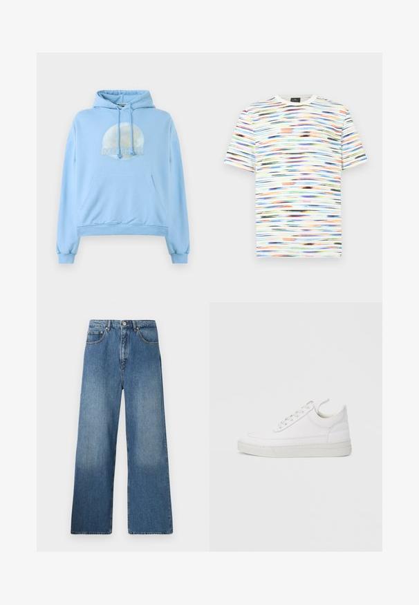 Sudadera con capucha de color azul claro, hecha de material suave, que presenta un gráfico circular de la luna y la palabra "MOTHER" de forma destacada.; Camiseta multicolor con patrones horizontales de pinceladas en tonos de azul, naranja, verde y negro sobre un fondo blanco. Mangas cortas.; Jeans de denim azul de pernera ancha con un diseño clásico de cinco bolsillos, cierre frontal con botón y un ligero desgastado para dar textura.; Zapatilla blanca de cuero con punta redondeada, suela plana y cierre de cordones. Presenta detalles de costuras y un cuello acolchado para mayor comodidad.
