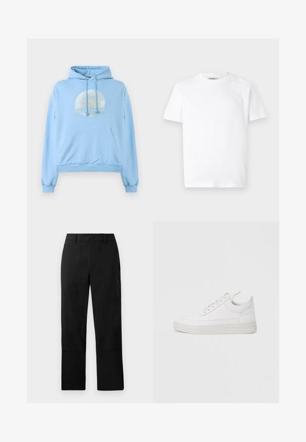 Helles blaues Kapuzensweatshirt aus weichem Material, mit einer runden Grafik des Mondes und dem prominent dargestellten Wort "MUTTER".; Weißes Baumwoll-T-Shirt mit Rundhalsausschnitt und kurzen Ärmeln. Besitzt ein kleines, geprägtes Logo auf der linken Brust. Glatte Textur.; Schwarze Hose aus einem glatten Stoff, mit flachem Frontdesign, zwei Eingrifftaschen und geradem Bein, versehen mit dezenten Nähten.; Weißer Ledersneaker mit abgerundetem Zehenbereich, flacher Sohle und Schnürverschluss. Verfügt über Nahtdetails und einen gepolsterten Kragen für zusätzlichen Komfort.