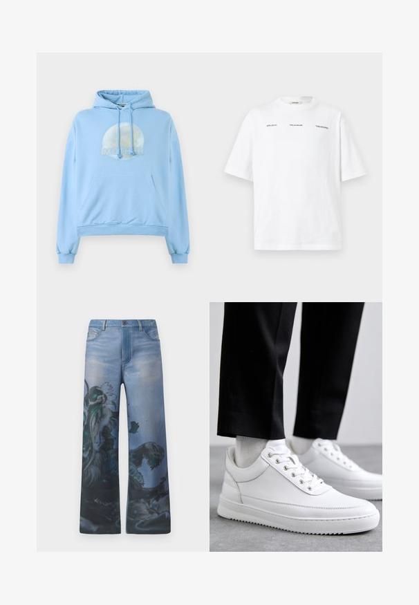 Sudadera con capucha de color azul claro, hecha de material suave, que presenta un gráfico circular de la luna y la palabra "MOTHER" de forma destacada.; Camiseta blanca de manga corta con pequeño texto negro "HZW (26-27)", "Holzweiler" y "'TABLESCAPES" en el pecho, mostrada sobre un fondo liso.; Jeans de pierna ancha en denim azul desgastado con un intrincado patrón gráfico que presenta un diseño detallado en tonos negro y teal en una pierna.; Zapatillas de cuero blanco con una suela de goma plana, que presentan un acabado suave, punta redonda y ojetes de metal para los cordones. Llevadas con pantalones negros.