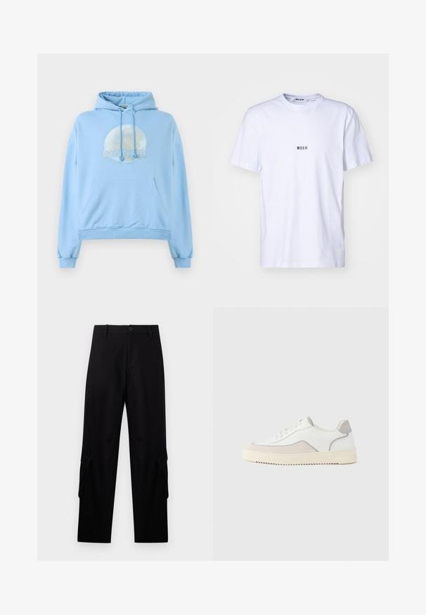 Sudadera con capucha de color azul claro, hecha de material suave, que presenta un gráfico circular de la luna y la palabra "MOTHER" de forma destacada.; Camiseta blanca de algodón con escote redondo, mangas cortas y un pequeño logo negro "MSGM" impreso en el frente. Textura suave.; Pantalones cargo negros de corte recto con trabillas para cinturón, botón frontal, cierre de cremallera y bolsillos con solapa en cada muslo.; Zapatillas deportivas blancas con parte superior de cuero liso, detalles en gamuza gris, costuras tono sobre tono y suela de goma texturizada color crema. Diseño minimalista.