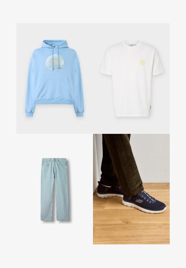Helles blaues Kapuzensweatshirt aus weichem Material, mit einer runden Grafik des Mondes und dem prominent dargestellten Wort "MUTTER".; Weißes T-Shirt mit kurzen Ärmeln, Rundhalsausschnitt, kleinem gelbem Fruchtmotiv und dem Schriftzug "Marc O’Polo Denim" auf der linken Brust.; Hellblaue Jeans mit geradem Bein, Vordertaschen, Gürtelschlaufen und Knopfverschluss auf weißem Hintergrund.; Marinefarbene Netzsneaker mit weißen Sohlen, ausgestattet mit elastischen Schnürsenkeln und einem Logodetail. Lässiges Design mit leichter Konstruktion.