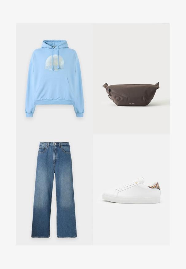 Sudadera con capucha de color azul claro, hecha de material suave, que presenta un gráfico circular de la luna y la palabra "MOTHER" de forma destacada.; Jeans de denim azul de pernera ancha con un diseño clásico de cinco bolsillos, cierre frontal con botón y un ligero desgastado para dar textura.; Zapatilla de cuero blanca con un acabado suave, que presenta un acento de rayas coloridas en el talón, ojal dorado y suela plana blanca.; Riñonera de tela marrón oscuro con bolsillo diagonal con cremallera y pequeño logo blanco en el frontal, sobre un fondo liso y claro.