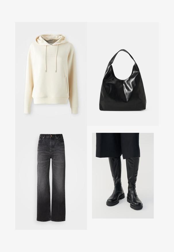 Cremefarvet hætteklædning med frontkangaroo-lomme og snoretræk, med subtilt tonal logo-tekst centreret på brystet.; Sorte afslappede jeans med høj talje, fem lommer, knaplukning og en subtil falmet tekstur. Tyk stof med en struktureret pasform.; Sorte læder knæhøje støvler med en glat tekstur, kraftige såler og side-lynlåse. Designet har diskrete sømdetaljer.; Sort læder hobo taske med en blød, skinnende tekstur og en rund, åben top. Har en bred, buet strop til bæring. Ingen synlig hardware.
