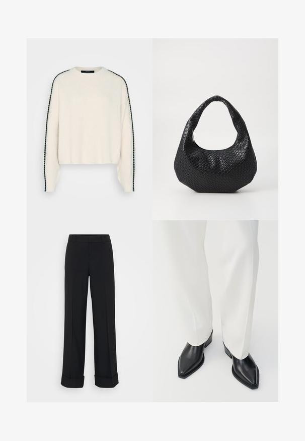 Suéter de punto color crema con un ajuste relajado, que presenta un ribete de rayas negras a lo largo de los hombros y una textura de punto acanalada.; Pantalones de pierna ancha negros con una textura suave, que presentan un diseño ajustado, dobladillo con puños y una cinturilla tradicional.; Botas de tobillo negras con punta afilada y acabado de cuero liso, con tacones bajos y bloque, combinadas con pantalones blancos de pierna ancha. Diseño simple y moderno.; Bolso de mano tejido en negro con un asa curvada, que presenta una superficie texturizada y una forma holgada. Acabado suave con una silueta orgánica.