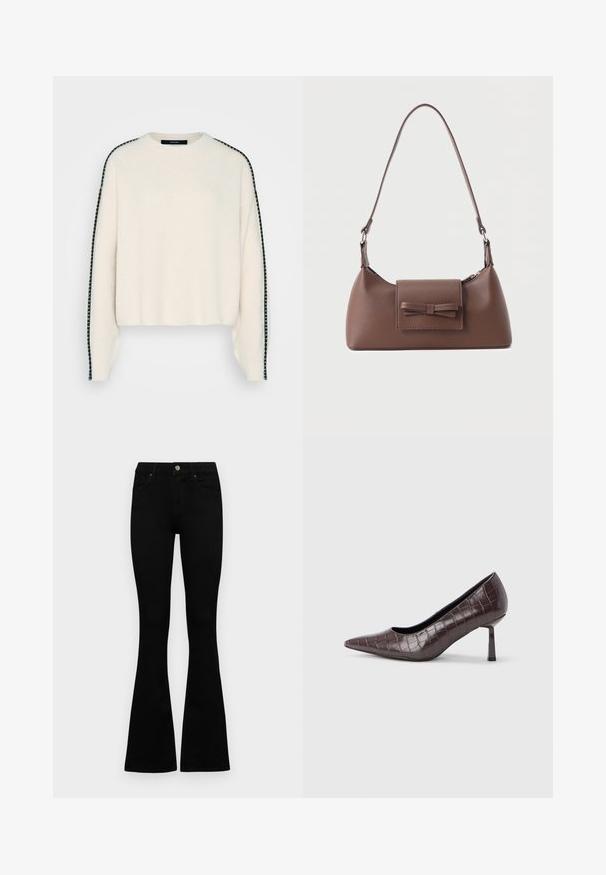 Pull en tricot de couleur crème avec une coupe décontractée, doté de liserés noirs le long des épaules et d'une texture en tricot côtelé.; Jean noir taille haute avec fermeture à bouton et à zip, poches avant et jambes évasées, posés à plat sur un fond blanc.; Escarpins à bout pointu en similicuir marron avec une texture crocodile, dotés d’un talon fin et angulaire ainsi que d’une doublure intérieure lisse.; Sac à bandoulière en cuir marron avec une poche à rabat avant ornée d'un détail en forme de nœud cousu et une sangle réglable.