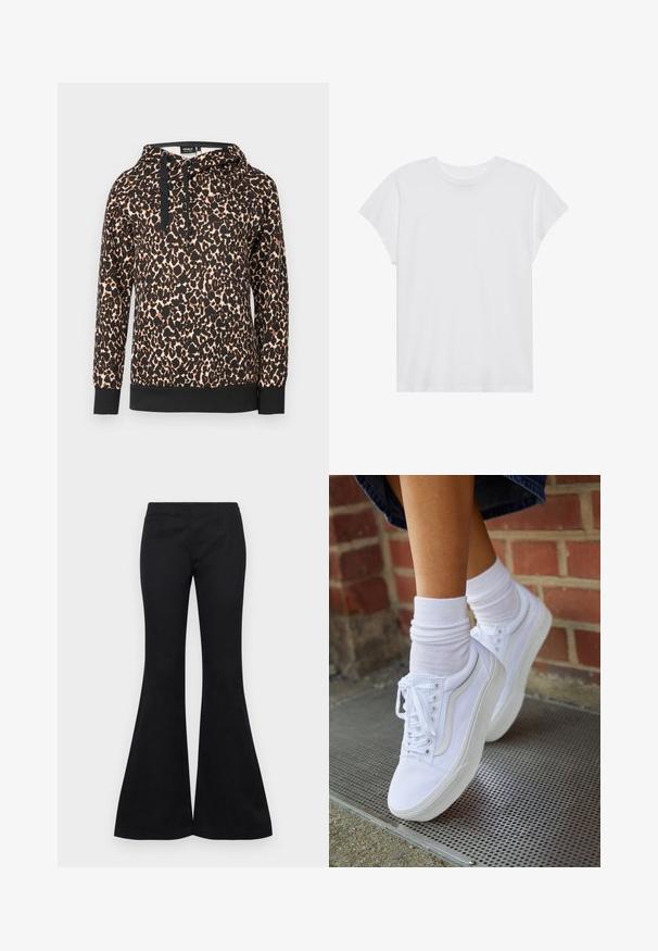 Leren capuchon sweatshirt met panterprint van zachte stof, voorzien van een zwart contrastzoom en trekkoorden. Losse pasvorm met lange mouwen.; Witte t-shirt met korte mouwen, ronde hals, relaxte pasvorm, gemaakt van zacht katoen. Glad textuur, geen patronen of logo's.; Zwarte uitlopende broeken van een gladde stof, met een aansluitende bovenkant en wijde pijpen, zonder zichtbare versieringen of zakken.; Witte canvas sneakers met rubberen zolen, voorzien van zes vetertjes, een ronde neus en lichte stikdetails, gecombineerd met witte enkelsokken.