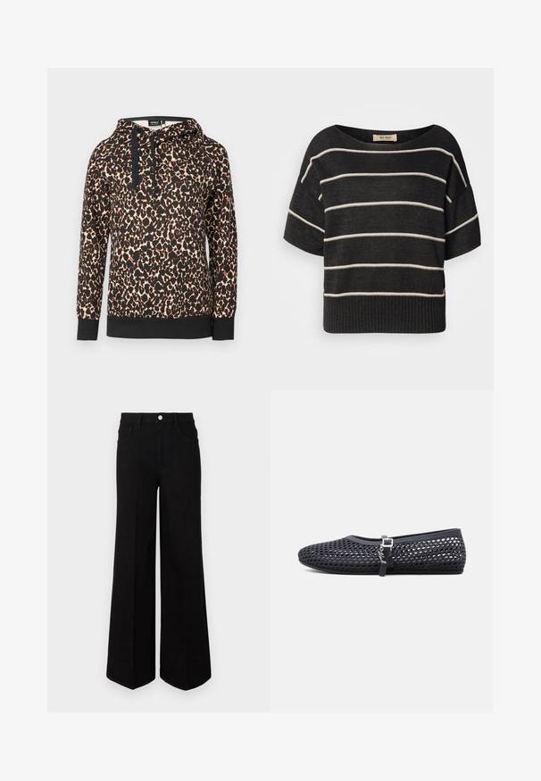 Leren capuchon sweatshirt met panterprint van zachte stof, voorzien van een zwart contrastzoom en trekkoorden. Losse pasvorm met lange mouwen.; Zwarte gebreide trui met brede bootnek, korte mouwen en horizontale witte strepen, voorzien van een geribbelde zoom en een losse pasvorm.; Zwarte wijde jeans gemaakt van stevig materiaal, met een hoge taille, voorzakken en een knopen sluiting aan de voorkant. Rechte zoom aan de onderkant.; Zwart platte schoen met open gaasdesign, verstelbare band met zilverkleurige gesp en een klein decoratief hangertje aan de zijkant, weergegeven in zijaanzicht.