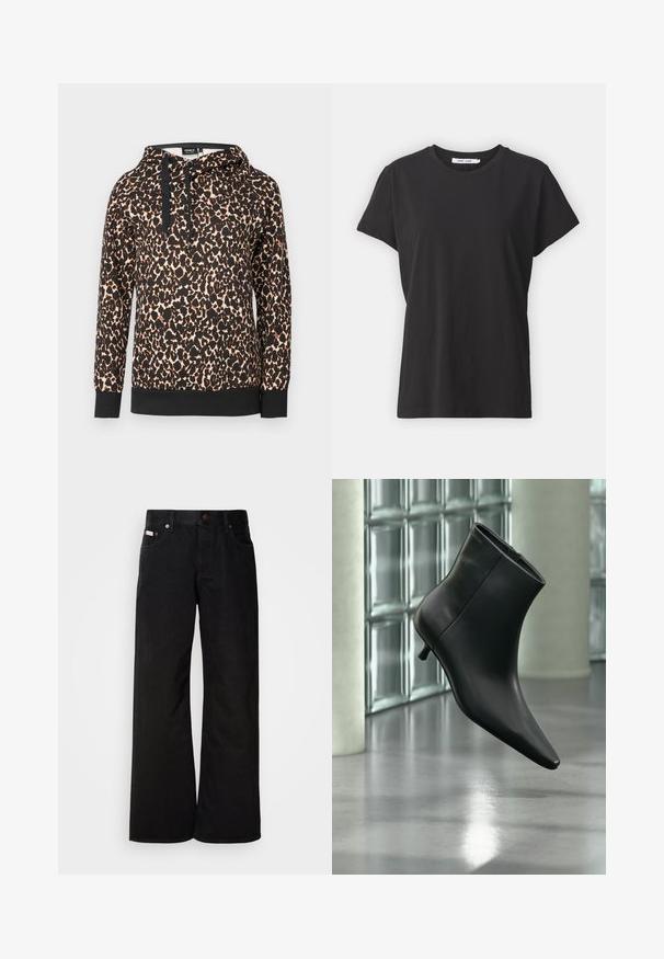 Sweatshirt à capuche en tissu doux avec un imprimé léopard, présentant un ourlet et des cordons de contraste noirs. Coupe ample avec des manches longues.; T-shirt en coton noir avec un col rond classique, des manches courtes et une coupe décontractée. Texture lisse, sans motifs ni accents visibles.; Jean large noir en coton. Présente des poches avant, une fermeture à bouton, et une texture denim classique. Design minimaliste sans motifs.; Bottine en cuir noir à bout pointu et petit talon kitten, présentée en angle devant un sol poli et un mur en blocs de verre.