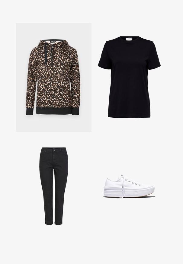 Leren capuchon sweatshirt met panterprint van zachte stof, voorzien van een zwart contrastzoom en trekkoorden. Losse pasvorm met lange mouwen.; Zwart T-shirt met korte mouwen en een ronde hals, rechte zoom en een wit label aan de achterkant binnenin de kraag.; Zwarte denim jeans met een rechte pijpdesign, voorzien van een frontale knoopsluiting, vijf zakken en een eenvoudige textuurafwerking.; Witte lage canvas sneaker met dikke plateauzool, veters aan de voorkant en rubberen toeskap met structuur, zijaanzicht.