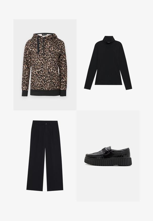 Leren capuchon sweatshirt met panterprint van zachte stof, voorzien van een zwart contrastzoom en trekkoorden. Losse pasvorm met lange mouwen.; Zwarte langetermijn turtleneck. Zachte stof, getailleerd design, hoge kraag en zijnaad. Eenvoudige en veelzijdige stijl die geschikt is voor het laagjes dragen.; Zwart brede broek van een gladde stof. Heeft plooien aan de voorkant, een knoopsluiting en zijzakken. Eenvoudig ontwerp zonder patronen.; Zwarte loafers met een glanzende afwerking, voorzien van een ronde neus, geribbeld zwart zool en een band over de bovenkant voor extra detail.