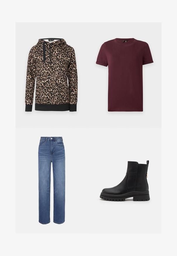 Leren capuchon sweatshirt met panterprint van zachte stof, voorzien van een zwart contrastzoom en trekkoorden. Losse pasvorm met lange mouwen.; Bordeaux T-shirt van zachte katoen, met een ronde hals, korte mouwen en een relaxte pasvorm, met een gladde textuur en zonder zichtbare patronen.; Lichtblauwe spijkerbroeken met een hoge taille, recht model, vijfzakkenstijl en subtiele vervagingen in de stof.; Zwarte enkelboots van soepel leer, met een forse zool, een zijsteunkleur en een lusje aan de achterkant voor eenvoudig aan- en uittrekken.