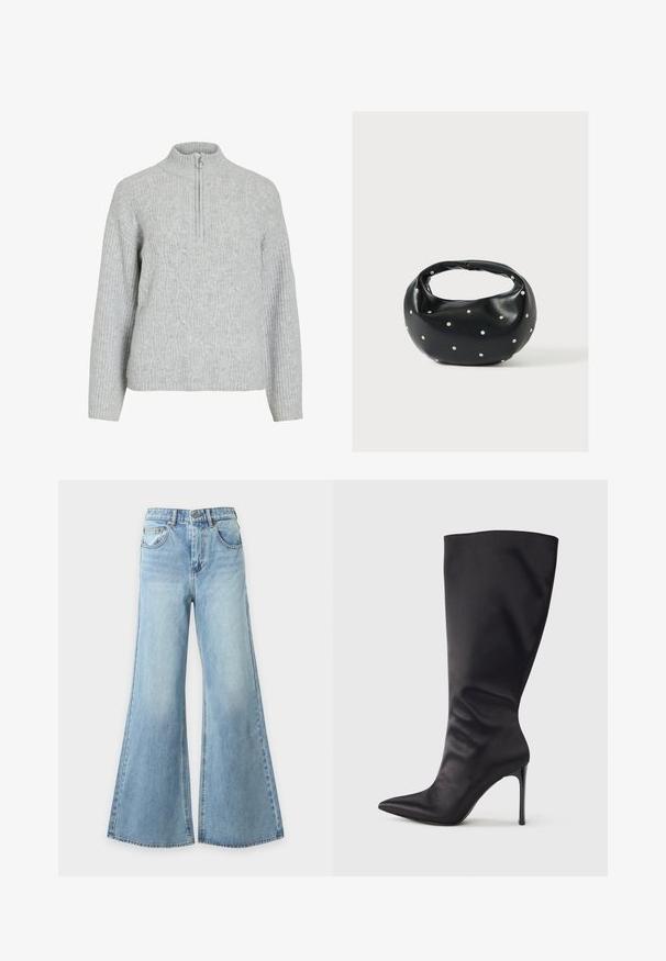 Pull gris à col zippé en tissu tricoté, présentant un motif de câble texturé, des manches côtelées et un col haut.; Jean bleu clair à jambes larges en denim avec fermeture à bouton et fermeture éclair à l'avant, passants de ceinture et poches avant, présenté sur un fond uni.; Botte noire haute jusqu'aux genoux en cuir verni lisse et élégant ; bout pointu ; ajustée avec un léger froncé près de la cheville ; talon brillant.; Sac à main en cuir noir de forme arrondie, décoré de clous argentés et équipé d'une poignée courte. Texture lisse et fermeture éclair.