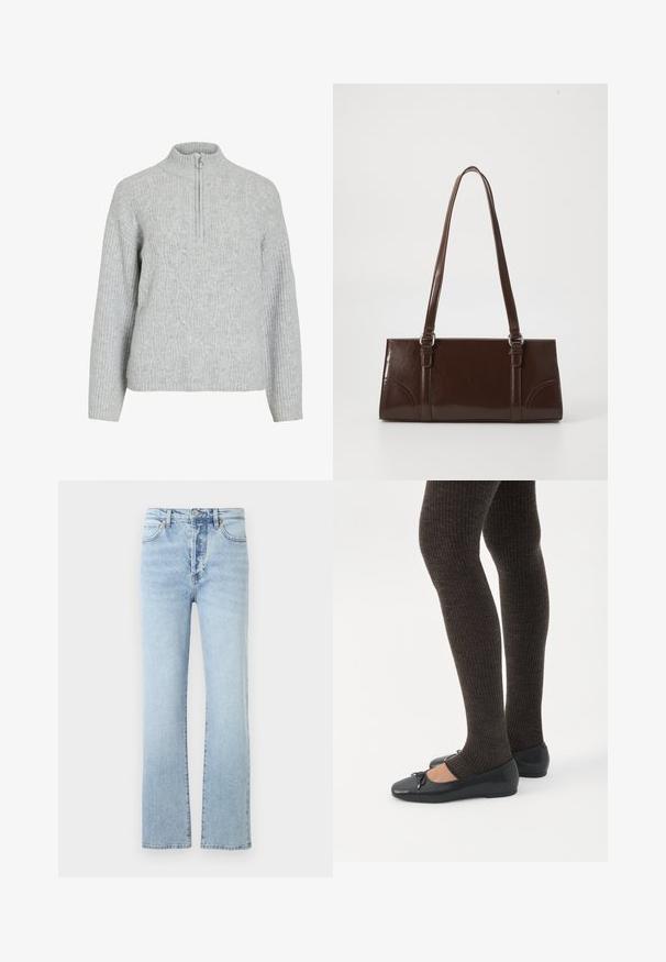 Pull gris à col zippé en tissu tricoté, présentant un motif de câble texturé, des manches côtelées et un col haut.; Jean en denim bleu clair avec une coupe droite, dotés d'une taille haute, d'un style classique à cinq poches et d'un léger effet délavé.; Jambes portant des leggings côtelés foncés associés à des ballerines noires avec de petits détails en nœud sur fond blanc.; Sac à main en cuir verni marron de forme rectangulaire, avec deux longues poignées et des accents courbés subtils à l'avant.