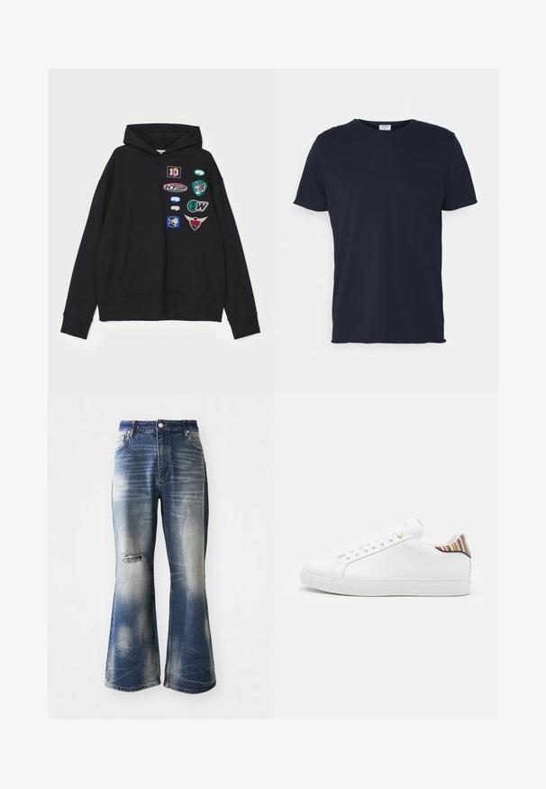 Sort hættetrøje med en stor frontlomme, ribbede manchetter og flere broderede lapper i forskellige farver og designs.; Marineblå bomulds t-shirt med rund hals og korte ærmer, med en glat tekstur og enkel design, uden synlige mønstre eller accenter.; Blå flagrende jeans med falmede områder og slidte knædetaljer. Lavet af denim, med knaplukning og fem-lomme design.; Hvide lædersneakers med en glat overflade, prydet med en farverig stribet detalje på hælen, guldøje og flad hvid sål.