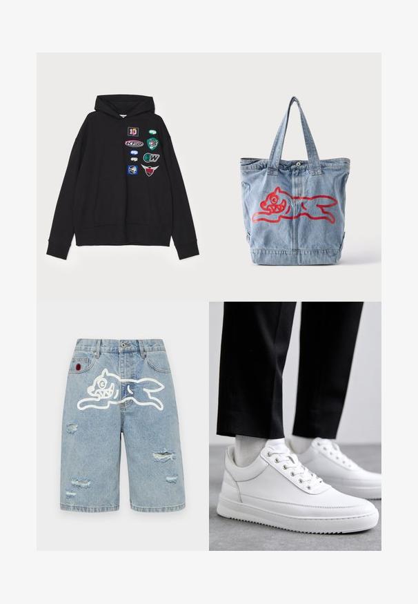 Sort hættetrøje med en stor frontlomme, ribbede manchetter og flere broderede lapper i forskellige farver og designs.; Icecream RUNNING DOG - Denimshorts - heavy wash blue; Hvide lædersneakers med en flad gummisål, der har en glat overflade, rund tå og metaløjer til snørebånd. Bæret med sorte bukser.; Lyseblå denimtaske med to håndtag og en rød silhuet af et løbende tegneserie-dyr foran.