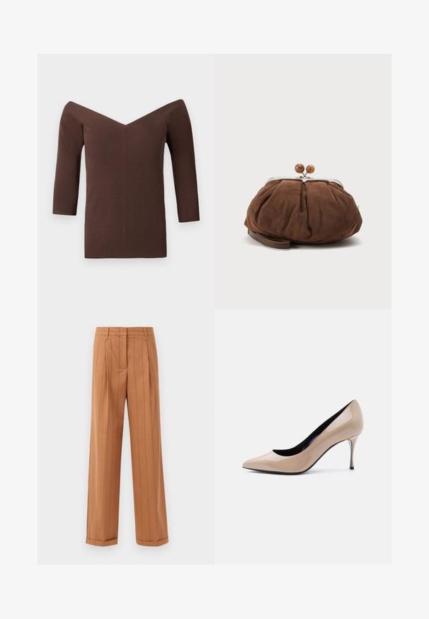 Top marron côtelé à épaules dénudées avec un décolleté en V, doté de manches trois-quarts et d'une silhouette ajustée. Texture lisse tout au long.; Pantalons bruns à rayures fines avec une conception sur mesure, featuring des plis, une coupe droite et un ourlet retroussé. Fabriqués dans un tissu lisse.; Chaussure à talon haut pointu en cuir verni beige avec talon aiguille fin et doublure intérieure noire sur fond blanc.; Petit sac poignet en daim marron doux avec cadre en métal argenté et boules rondes marron de fermeture sur fond clair uni.