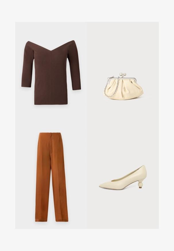 Top marron côtelé à épaules dénudées avec un décolleté en V, doté de manches trois-quarts et d'une silhouette ajustée. Texture lisse tout au long.; Pantalons à jambes larges d'une couleur brun chaud, avec une texture lisse, une taille haute et des coutures blanches contrastantes le long des coutures.; Chaussure femme couleur crème à bout pointu avec un petit talon rond en forme de boule, sur fond uni.; Pochette en cuir beige plissé avec un cadre en métal argenté, dotée de deux fermoirs ronds décoratifs et d'une chaîne en argent.