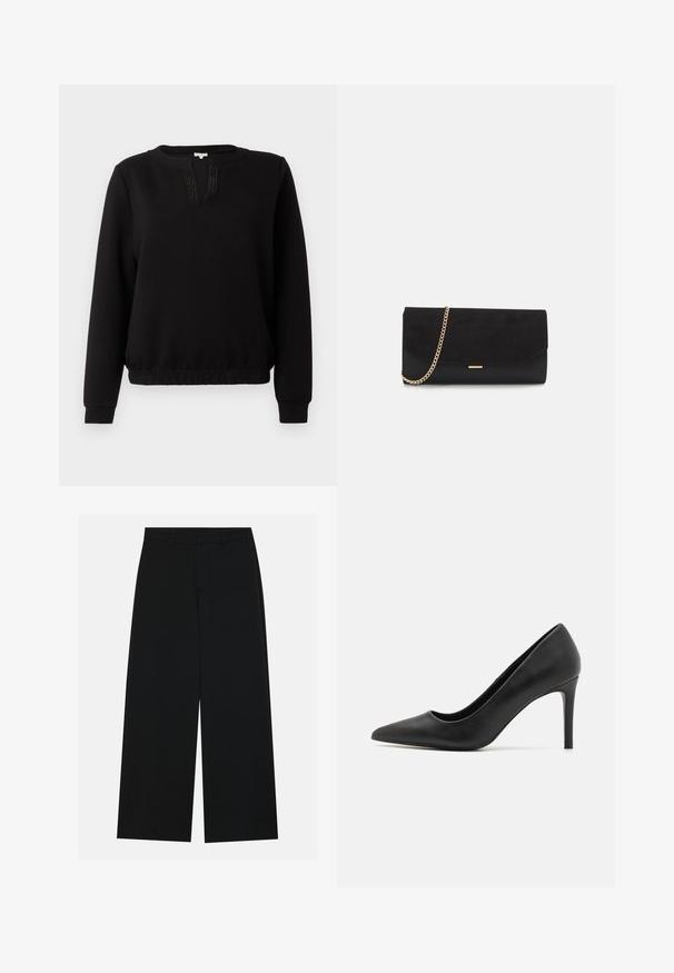 Sweatshirt noir avec un col rond, une patte de boutonnage partielle et des détails de lignes subtils. Les poignets et l'ourlet sont ajustés. Tissu doux.; Pantalons noirs à jambe large en tissu lisse. Dotés d'une taille plate avec passants de ceinture et sans poches visibles. Design simple.; Escarpin noir à talon aigu, en cuir lisse, présentant un design élégant et un talon cylindrique fin.; Porte-monnaie noir en daim avec une finition texturée, doté d'une chaîne dorée et d'un design épuré et angulaire.