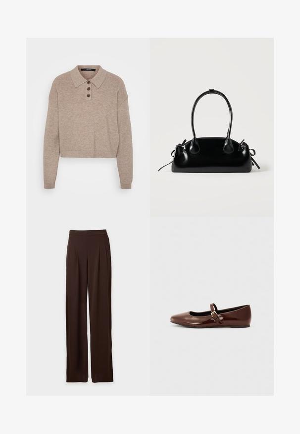 Pull en beige raccourci avec une texture côtelée, un plastron à trois boutons et un col classique. Manches longues, tissu doux et design décontracté.; Pantalon droit taille haute marron foncé avec plis à l’avant et ceinture, présenté sur un fond clair uni.; Ballerine en cuir verni marron avec un bout carré et une lanière ornée d'une petite boucle dorée. Texture lisse, talon bas et design minimaliste.; Petit sac à main noir brillant avec deux longues anses et des détails à cordon sur les côtés sur un fond clair uni.