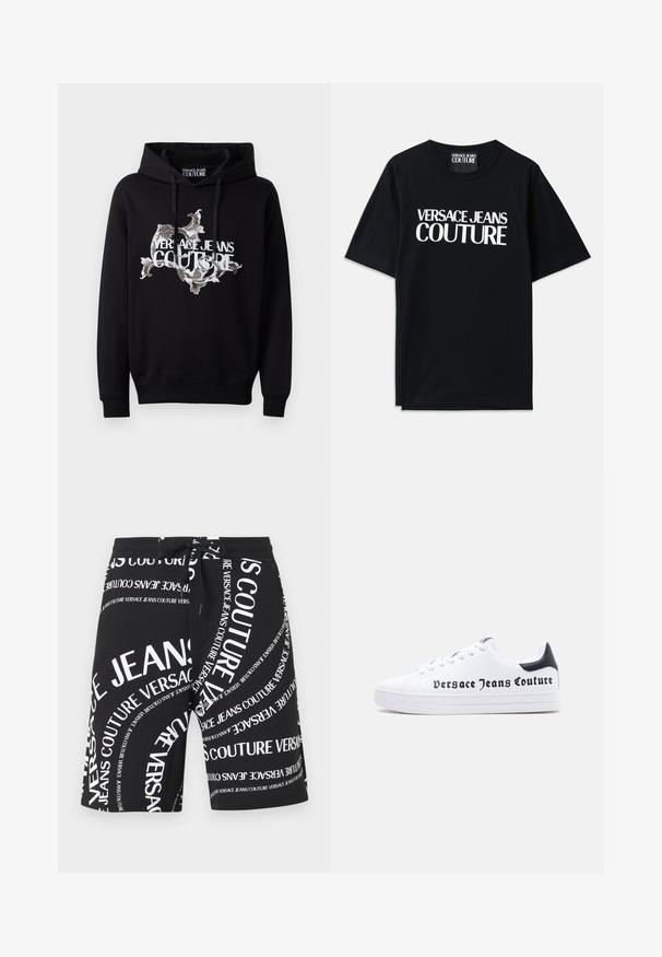 Čierna mikina s kapucňou na šnúrku, so stredovým ozdobným vzorom v bielej a šedej farbe a výrazne vytlačeným nápisom "VERSACE JEANS COUTURE".; Čierne bavlnené tričko s krátkymi rukávmi s veľkým bielym nápisom "VERSACE JEANS COUTURE" na prednej strane. Klasický dizajn s okrúhlym výstrihom.; Čierne šortky so sťahovacou šnúrkou, zdobené roztrúseným bielym textom „Versace Jeans Couture“ v rôznych veľkostiach a orientáciách.; Biely nízky teniska s čiernou pätkou, šnurovací dizajn a nápis "Versace Jeans Couture" vytlačený čiernou farbou na bočnej strane.