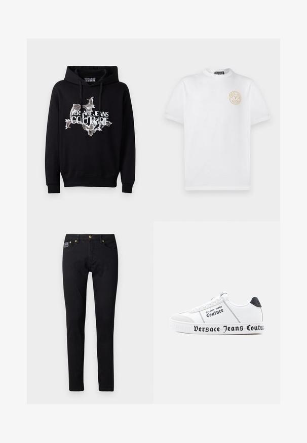Μαύρο hoodie με κουκούλα και κορδόνι, παρουσιάζοντας μια κεντρική κομψή σχεδίαση σε λευκό και γκρι, με την εκτύπωση "VERSACE JEANS COUTURE" σε εξέχουσα θέση.; Λευκό κοντομάνικο μπλουζάκι με στρογγυλή λαιμόκοψη και μικρό μπεζ στρογγυλό λογότυπο στο αριστερό στήθος που γράφει "Versace Jeans Couture".; Μαύρα τζιν παντελόνια με στενή γραμμή, που διαθέτουν χρυσά αξεσουάρ, πέντε τσέπες και μία μικρή ετικέτα της μάρκας στην δεξιά τσέπη.; Άσπρα αθλητικά παπούτσια με υφή στην επιφάνεια, μαύρες λεπτομέρειες και το έντονο λογότυπο «Versace Jeans Couture» κατά μήκος της σόλας και των πλευρών.