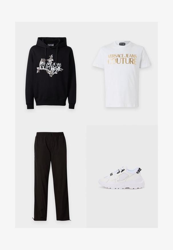 Mustmust mustaga kapuutsiga must hind, millel on keskel peenelt kujundatud valge ja halli värvi muster ning "VERSACE JEANS COUTURE" on silmatorkavalt trükitud.; Valge puuvillane T-särk, millel on esiküljel rasvased kuldsed "VERSACE JEANS COUTURE" tähtedega kiri. Ümmargune kaelus ja lühikesed varrukad.; Mustad mustriga püksid elastse vöökoha, nööridega sulgemise ja reguleeritavate sääreotstega, millel on lukud. Sile ja läikiv tekstuur.; Valged spordijalatsid paksu tallaga, võrgust ja sünteetilisest materjalist pealsed, mustad detailid ja paelad. Tekstureeritud disain ja logo kandadel.