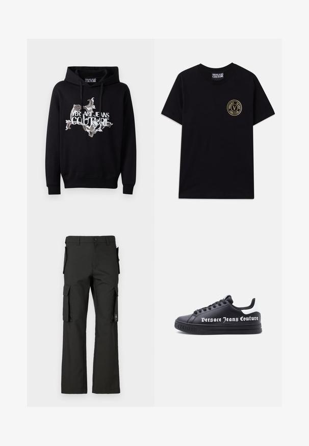Čierna mikina s kapucňou na šnúrku, so stredovým ozdobným vzorom v bielej a šedej farbe a výrazne vytlačeným nápisom "VERSACE JEANS COUTURE".; Čierne bavlnené tričko s okrúhlym výstrihom a krátkymi rukávmi. Na ľavej hrudi je zlaté kruhové logo. Jednoduchý, nezdobený dizajn.; Čierne cargo nohavice so strihom so sotva, ktoré majú viacero bočných vreciek a zapínanie na gombík. Vyrobené z odolného materiálu, hladká textúra.; Čierna nízka teniska s čiernymi šnúrkami, bielym pätovým pásikom a nápisom „Versace Jeans Couture“ na boku a reliéfom na podrážke.