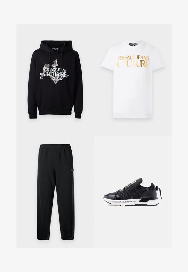 Mustmust mustaga kapuutsiga must hind, millel on keskel peenelt kujundatud valge ja halli värvi muster ning "VERSACE JEANS COUTURE" on silmatorkavalt trükitud.; Valge lühikeste varrukatega T-särk, mille esiküljel on kuldse metallikuga kiri "Versace Jeans Couture" ja ümara kaelusega.; Mustad mustad püksid elastse vöökohaga, kitsenevad jalad ja väike bränditud silt. Valmistatud siledast, kergekaalu kangast.; Mustad sportlikud tossud, millel on sile ülaosa, paelaga kinnitus, valge tald ja külje peal "Versace Jeans Couture" bränding.