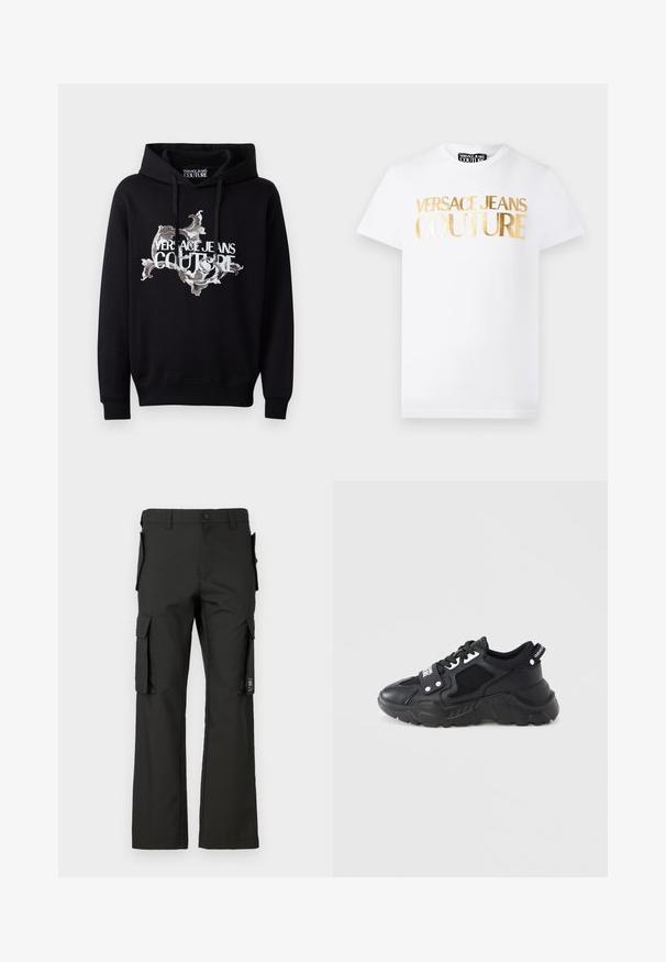 Mustmust mustaga kapuutsiga must hind, millel on keskel peenelt kujundatud valge ja halli värvi muster ning "VERSACE JEANS COUTURE" on silmatorkavalt trükitud.; Valge lühikeste varrukatega T-särk, mille esiküljel on kuldse metallikuga kiri "Versace Jeans Couture" ja ümara kaelusega.; Mustad mustad püksid sirge lõikega, mitmete küljetaskutega ja nööbiga kinnitusega. Valmistatud vastupidavast kangast, sujuva tekstuuriga.; Mustad tossud, millel on massiivne tald, mis sisaldab võrgust paneele ja nahast detalje. Varustatud valgete paelte ja külje peal logoga.