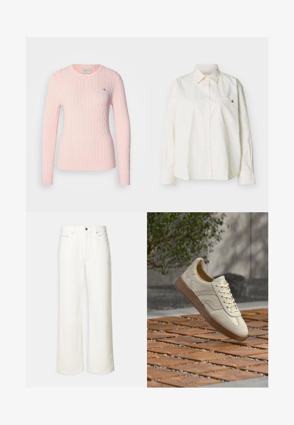 Pull en maille torsadée rose clair avec manches longues et encolure ronde. Comprend un petit logo sur la poitrine et un ourlet côtelé.; Chemise blanche à manches longues avec boutons, fines rayures verticales, col pointu, poche poitrine avant et petit logo doré "cK" sur la poche.; Jean blanc à jambes larges avec boutons à l'avant, passants de ceinture et design à cinq poches.; Baskets couleur crème avec une semelle extérieure en caoutchouc beige texturée, un design à lacets et un marquage subtil sur le côté. Tige en cuir lisse.