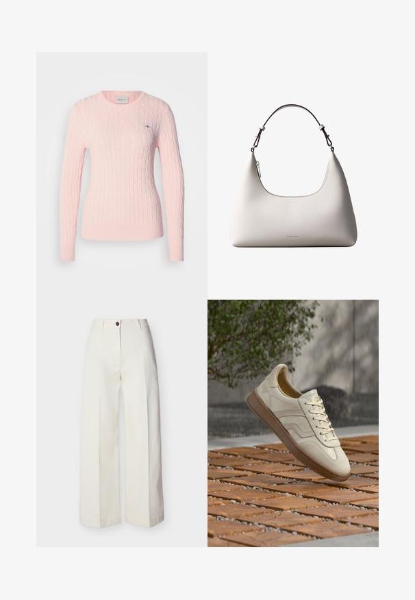 Pull en maille torsadée rose clair avec manches longues et encolure ronde. Comprend un petit logo sur la poitrine et un ourlet côtelé.; Pantalon crème taille haute à jambes larges, avec passants de ceinture, fermeture à bouton unique et zip, présenté à plat sur un fond uni.; Baskets couleur crème avec une semelle extérieure en caoutchouc beige texturée, un design à lacets et un marquage subtil sur le côté. Tige en cuir lisse.; Sac à bandoulière en cuir couleur crème de Calvin Klein avec bord supérieur incurvé, fermeture éclair argentée et sangle ajustable brun foncé.
