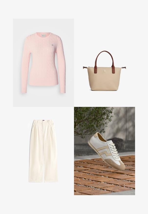 Pull en maille torsadée rose clair avec manches longues et encolure ronde. Comprend un petit logo sur la poitrine et un ourlet côtelé.; Pantalon large écru avec plis, poches latérales, passants pour ceinture et fermeture par bouton à la taille.; Baskets en cuir blanc et beige avec lacets flottant au-dessus d'une surface en blocs de bois et galets, avec un arrière-plan flou de verdure et de béton.; Sac fourre-tout beige avec poignées marron, petit logo doré centré sous les poignées, et fermeture éclair en haut.