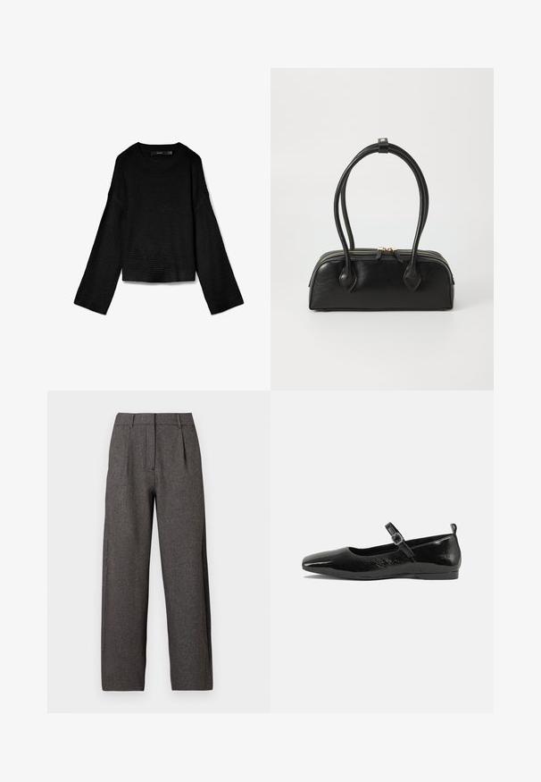 Sort strikket sweater med rund halsudskæring, lange ærmer og cropped design. Strukturstof med ribbede manchetter og kant.; Mørkegrå højtaljede vide bukser med bæltestropper, foran plisseringer og skjult for lynlås.; Sorte patentlæder flade sko med spidse tæer, en ankelrem med spænde og en glat, blank tekstur. Lav hæl for komfort.; Sort læder håndtaske med to langstrakte håndtag, lynlåslukning og afrundet form; glat tekstur med en subtil blank finish.
