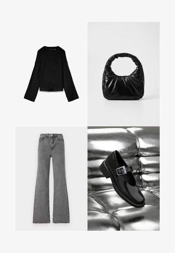 Sort strikket sweater med rund halsudskæring, lange ærmer og cropped design. Strukturstof med ribbede manchetter og kant.; Bredde ben jeans i grå denim med høj talje, frontlommer og dekorative nitter langs sidesømmene. Glat tekstur.; Sorte læder Mary Jane sko med firkantet tå, en sølv spænde accent og en chunky lav hæl, sat mod en glansfuld sølv baggrund.; Sort polstret håndtaske med et rundt håndtag, der har en glat, skinnende overflade og en blød, kviltet tekstur. Ingen synlige hardware eller accenter.