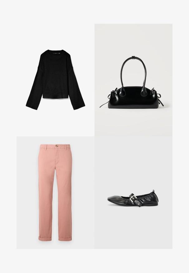 Pull en tricot noir avec un col rond, des manches longues et un design court. Tissu texturé avec des poignets et un ourlet côtelés.; Chinos rose clair en coton avec des jambes droites, dotés d'une fermeture à bouton sur le devant, de passants de ceinture et de poignets retroussés. Texture lisse.; Chaussure plate en cuir noir avec un nez pointu, des détails froncés autour de l'ouverture et un accent en boucle argentée sur la bride ajustable.; Petit sac à main noir brillant avec deux longues anses et des détails à cordon sur les côtés sur un fond clair uni.