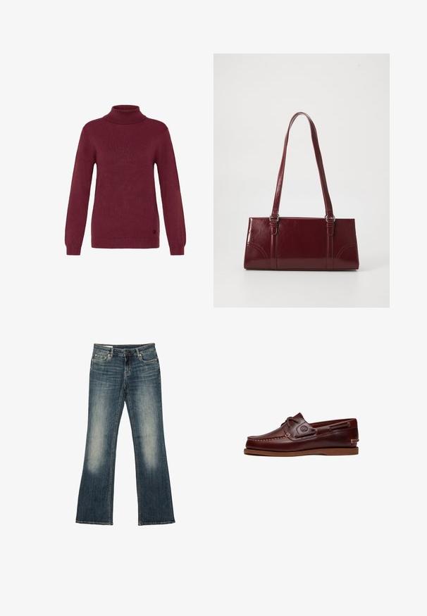 Burgundský rolák vyrobený z ribbed úpletu, s dlhými rukávmi a priliehajúcimi manžetami, s okrúhlym logom na spodnom okraji.; Modré vyblednuté rifle denim s bootcut strihom, predný zips, zapínanie na gombík a štýl s piatimi vreckami.; Hnedá kožená lodná topánka so šnúrkami, detailmi stehov a logom Timberland na boku, zobrazená na bielom pozadí.; Bordová kabelka vyrobená z lesklého materiálu, obdĺžnikový tvar, s dvoma ramennými popruhmi a jemnými zakrivenými akcentmi na prednej strane.