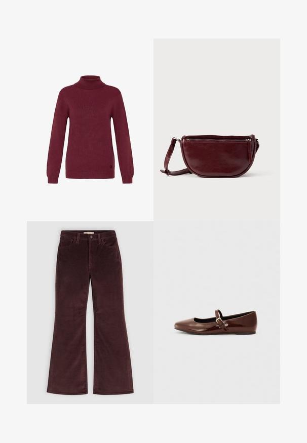 Pull à col roulé bordeaux en tissu côtelé, avec des manches longues et des poignets ajustés, arborant un logo circulaire au niveau de l'ourlet.; Pantalon en velours côtelé marron foncé avec fermeture par bouton et zip, poches avant et légère évasement en bas.; Ballerine en cuir verni marron avec un bout carré et une lanière ornée d'une petite boucle dorée. Texture lisse, talon bas et design minimaliste.; Sac à main en cuir marron foncé avec une forme en demi-lune, une fermeture éclair et une bandoulière amovible. Texture lisse avec un léger éclat.