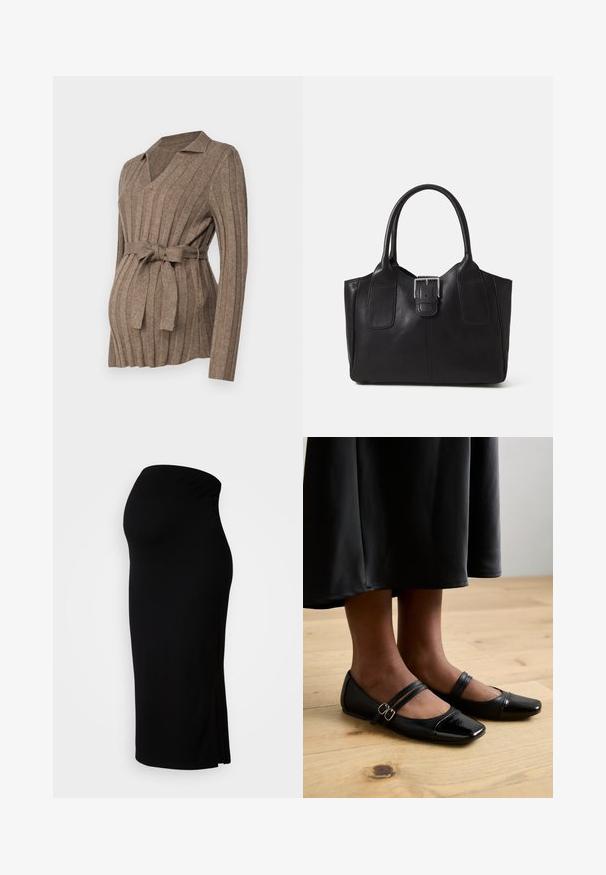 Brun, ribbet graviditetsvest med V-hals, lange ærmer og en bundet talje-bælte, lavet af blødt strikket stof. Teksturen er glat.; MAMALICIOUS MLLIF MIDI SKIRT - Pencil skirt - black; Sorte laklæder flade sko med firkantet tå, der har to stropper med spænder. Sålerne er flade på et lyst trægulv.; Sort lædertaske med dobbelt håndtag og central sølvspænde, struktureret rektangulær form, glat tekstur, på neutral baggrund.