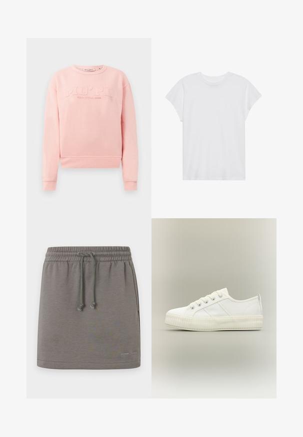 Roze sweatshirt van zacht materiaal, met ribbels aan de mouwen en onderkant. Aan de voorkant staat de reliëftekst "MO'PD Marc O'Polo DENIM".; Witte t-shirt met korte mouwen, ronde hals, relaxte pasvorm, gemaakt van zacht katoen. Glad textuur, geen patronen of logo's.; Grijze atletische rok met elastische tailleband, verstelbare trekkoord en logodetail. Soepele textuur en ontwerp tot aan de knieën.; Witte lage sneaker met dikke geribde zool, veters aan de voorkant en trek-lus aan de hiel tegen een neutrale achtergrond.