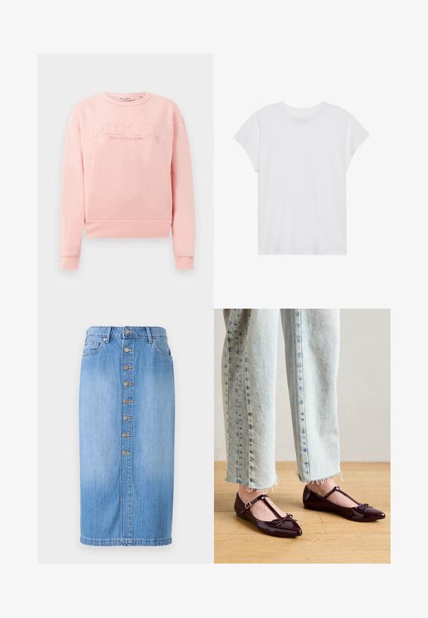 Vaaleanpunainen collegepaita, joka on valmistettu pehmeästä kankaasta ja jossa on ribbaatut hihansuut ja helma. Edessä on kohotettu teksti "MO'PD Marc O'Polo DENIM."; Valkoinen lyhythihainen t-paita, jossa on pyöreä kaula-aukko ja rento malli, valmistettu pehmeästä puuvillakankaasta. Suhteellisen sileä pinta, ilman kuvioita tai logoja.; Sininen farkku midi-hame suorella leikkauksella, jossa on edessä nappisuljenta, viisi taskua ja haalistunut pesu rakenteen lisäämiseksi.; Kiiltävät burgundinpunaiset ballerinat T-remmillä, joissa on rusetti varpaassa. Yhdistetty vaaleansinisiin, lyhennettyihin farkkuihin.