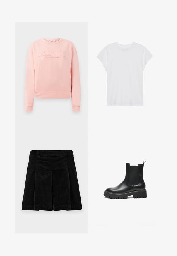 Roze sweatshirt van zacht materiaal, met ribbels aan de mouwen en onderkant. Aan de voorkant staat de reliëftekst "MO'PD Marc O'Polo DENIM".; Witte t-shirt met korte mouwen, ronde hals, relaxte pasvorm, gemaakt van zacht katoen. Glad textuur, geen patronen of logo's.; Zwarte corduroy rok met een geplooid ontwerp, met een rechte snit, textuur en een tailleband voor een stevige pasvorm.; Zwarte leren Chelsea-boot met elastische zijpanelen, ronde neus, stevige rubberen zool en lus aan de hiel.