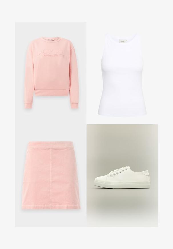 Sweat-shirt rose en tissu doux, avec des poignets et un ourlet côtelés. L'avant arbore un texte en relief « MO'PD Marc O'Polo DENIM ». ; Débardeur blanc côtelé avec un col rond et sans manches. Tissu extensible et design ajusté. Étiquette au dos indiquant "GESTUZ."; Jupe mini en velours côtelé rose avec une taille ajustée et une texture côtelée verticale. L'ourlet est droit et présente un design simple sans embellissements.; Baskets basses blanches avec lacets blancs et semelle en caoutchouc, vues de côté sur un fond neutre.