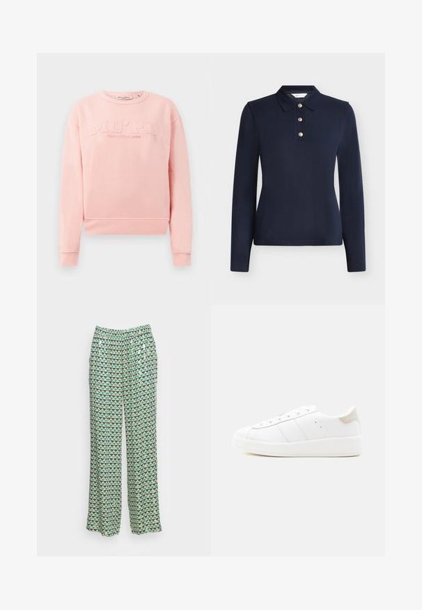 Lyserød sweatshirt lavet af blødt stof, med ribstrikkede manchetter og kant. På fronten er der præget tekst "MO'PD Marc O'Polo DENIM."; Marineblå langærmet polo med tre gyldne knapper og klassisk krave, vist på en ensfarvet lys baggrund.; Trykte brede bukser med et geometrisk mønster af grønne, blå og marineblå trekanter på en cremegul baggrund. Elastisk talje.; Hvid lavtop sneakers med snørelukning foran, glat læderoverdel, struktureret beige hælklap og tyk gummisål på en ensfarvet baggrund.