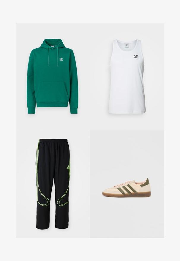Grøn hættetrøje lavet af blødt stof med en fremadbøjet kængurulomme, justerbar snøre i hætten og et lille hvidt Adidas-logo på brystet.; Hvid ribbet tanktop med rund halsudskæring, sort Adidas-logo på venstre bryst og uden ærmer. Blødt bommateriale, afslappet pasform.; Sorte Adidas sportbukser med neongrønne buede linjer og tre striber på siderne, elastisk livrem og Adidas-logo på forsiden af låret.; Beige Adidas Spezial sneaker med lav profil, grønne striber, gummisål og "SPEZIAL"-branding på siden, vist fra ydersiden.