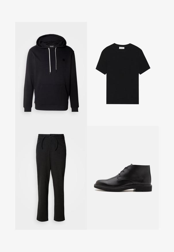 Schwarzer Hoodie aus weichem Material mit einer vorderen Kängurutasche, Kapuze mit Kordelzug und kleinem schwarzen Logopatch auf der Brust.; Schwarzes T-Shirt mit kurzen Ärmeln aus geripptem Stoff, mit Rundhalsausschnitt und einer schlichten, kastigen Silhouette.; Schwarze Strickhose mit einem Kordelzugbund, geradem Bein und Seitentaschen. Weiche Textur mit glatter Oberfläche.; Schwarzer Lederknöchelstiefel mit drei Ösen, abgerundeter Spitze und flacher Sohle auf einfachem hellem Hintergrund.